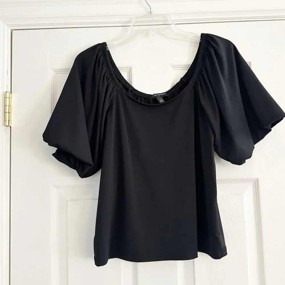 Banana Republic SS Crepe Puff Short Sleeve Top Blouse Black Shirt 2022 Small
